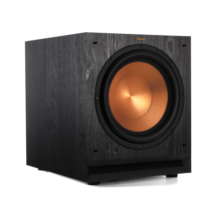Subwoofer Klipsch SPL-120 in unghi de trei sferturi, fara masca, cu textura finisajului Ebony vizibila pe lateral