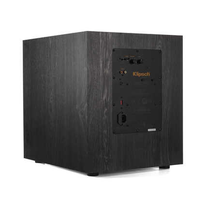 Panoul din spate al subwooferului Klipsch SPL-120, cu reglajele de faza, low-pass si castig, intrarile RCA si portul WA