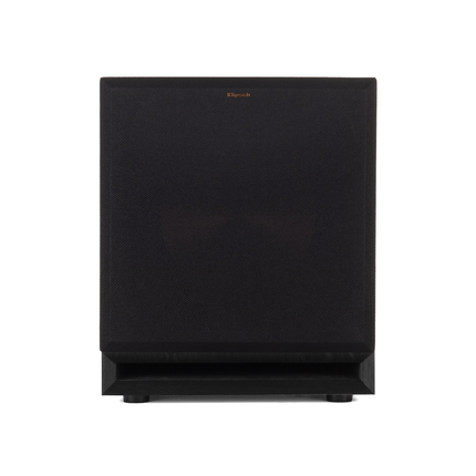 Subwoofer Klipsch SPL-120 din fata, cu masca textila montata si portul ramas descoperit la baza