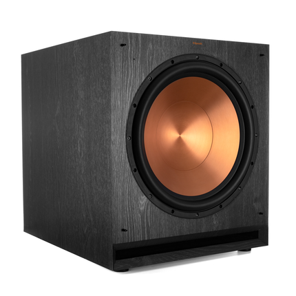 Subwooferul Klipsch SPL-150 in trei sferturi, fara grila, cu incinta in vinil negru texturat