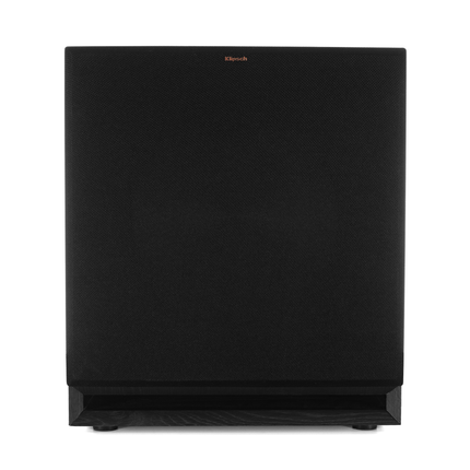 Subwooferul Klipsch SPL-150 din fata, cu grila din panza montata, cu portul frontal ramas descoperit