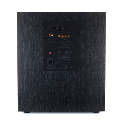 Panoul spate al subwooferului Klipsch SPL-150, cu selectorul de tensiune, intrarile RCA, portul WA si comenzile de faza, low-pass si volum