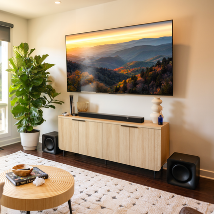 Klipsch Flexus SUB 100 pe podea, alaturi de o bara Flexus Core 200 intr-un living modern