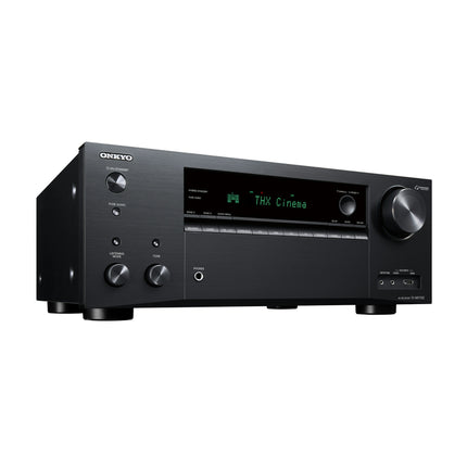 Onkyo TX-NR7100 vazut din trei sferturi dreapta, cu butoanele de mod de ascultare si ton