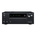 Receiver AV Onkyo TX-NR7100 negru, vedere frontala, cu afisajul aprins