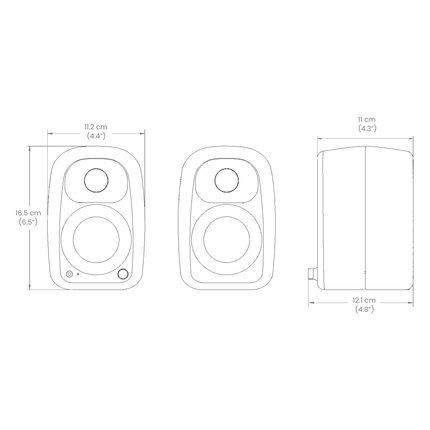 Desen tehnic Kanto Audio UKI cu cotele: față 11,2 x 16,5 cm, adâncime 11 cm, 12,1 cm cu butonul