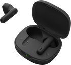 Căști JBL Wave Flex 2 (negru): carcasa de încărcare deschisă, cu o cască alături