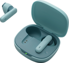 Căști JBL Wave Flex 2 (albastru): carcasa de încărcare deschisă, cu o cască alături