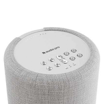 Capacul Audio Pro A10 MkII W gri deschis: pornire, redare, volum, Bluetooth și patru butoane numerotate