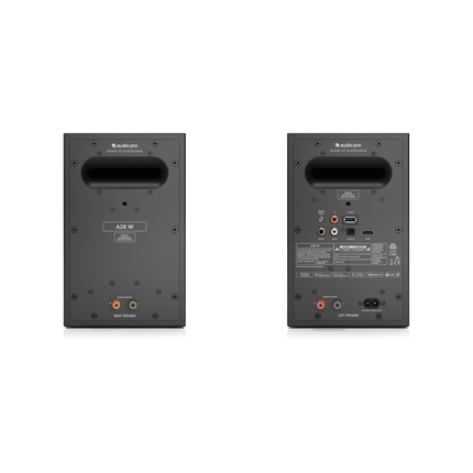 Spatele perechii Audio Pro A28 W negre: boxa stângă cu SUB OUT, LINE IN, OPTICAL IN, TV/ARC și ieșirea spre boxa dreaptă