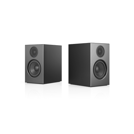 Pereche Audio Pro A28 W neagră fără măști: woofer de 4,5″ și tweeter de 1″ în fiecare boxă