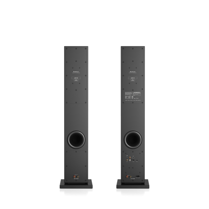 Spatele perechii Audio Pro A38 W negre: portul bass-reflex jos și panoul de conexiuni al boxei stângi