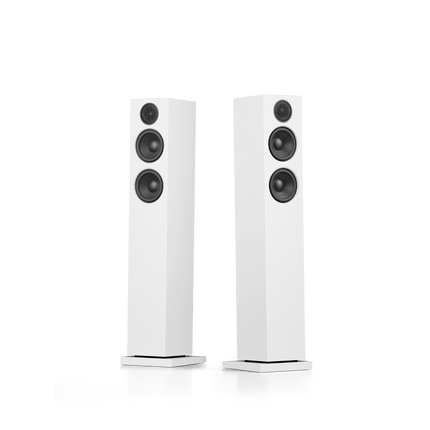 Pereche Audio Pro A38 W albă fără măști: două woofere de 4,5″ și un tweeter de 1″ în fiecare boxă