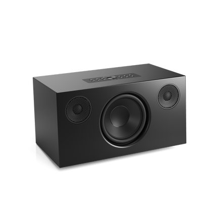 Audio Pro C10 MkII W negru, fără mască: woofer central și două tweetere laterale