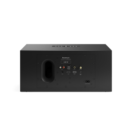 Panoul din spate al Audio Pro C20 W neagră: LINE IN, PHONO (MM), SUB OUT, OPTICAL și TV/ARC