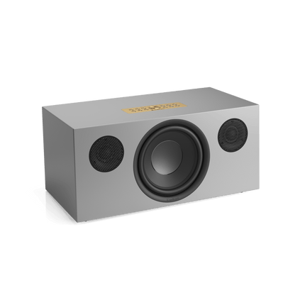 Audio Pro C20 W gri, fără mască: woofer central de 6,5 inch și două tweetere laterale