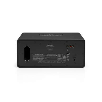 Panoul din spate al Audio Pro D-2 W neagră: portul bass-reflex, LINE IN, SUB OUT, CONNECT/RESET și mufa de alimentare