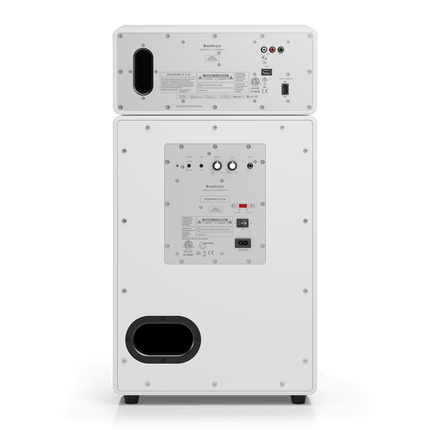 Spatele sistemului Audio Pro Drumfire II W alb: mufele boxei D-2 W sus și panoul de reglaj al subwooferului D-SUB jos, cu portul bass-reflex