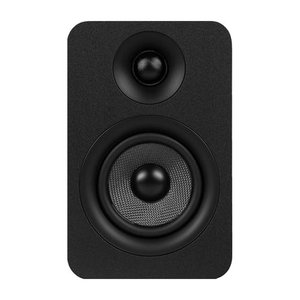 O boxă Kanto Audio YUP4 neagră, frontal: tweeter cu dom de mătase și woofer Kevlar