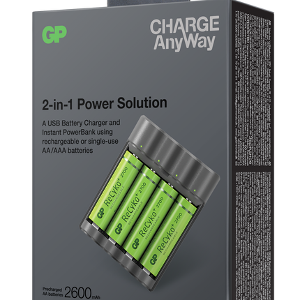 Incarcator acumulatori si powerbank GP Charge AnyWay X411 + 4 acumulatori ReCyko AA 2700mAh