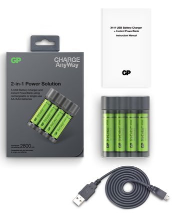 Incarcator acumulatori si powerbank GP Charge AnyWay X411 + 4 acumulatori ReCyko AA 2700mAh