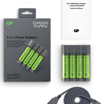 Incarcator acumulatori si powerbank GP Charge AnyWay X411 + 4 acumulatori ReCyko AA 2700mAh