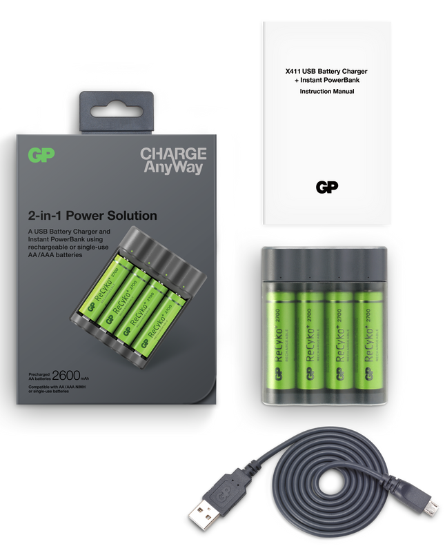 Incarcator acumulatori si powerbank GP Charge AnyWay X411 + 4 acumulatori ReCyko AA 2700mAh