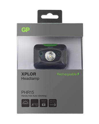 Frontala reincarcabila GP XPLOR PHR15, senzor de apropiere, 300 lm, 3xAAA NiMH, lumina alba si rosie