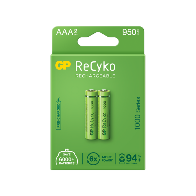 Baterii reincarcabile GP ReCyko AAA 950mAh (R03), ambalaj reciclabil 2pcs