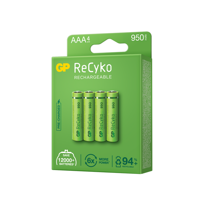 Baterii reincarcabile GP ReCyko AAA 950mAh (R03), ambalaj reciclabil 4pcs
