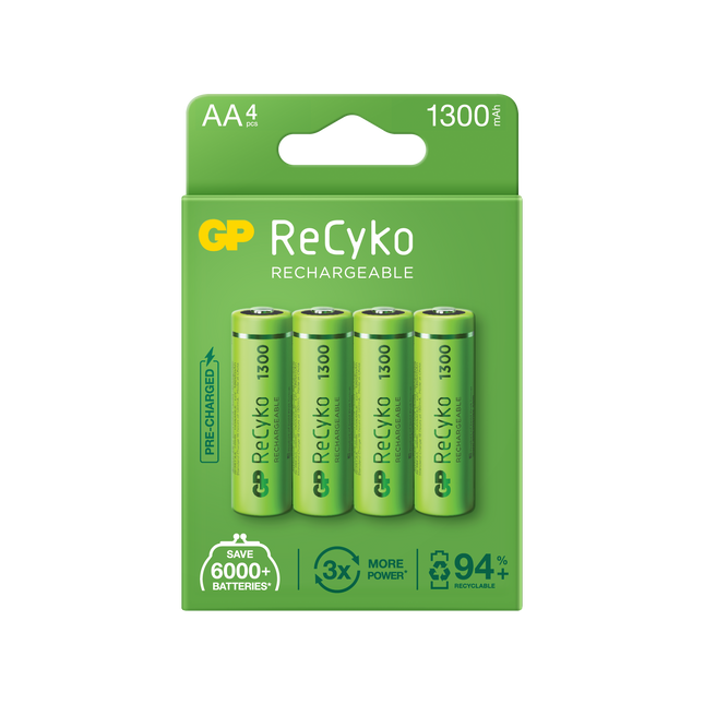 Baterii reincarcabile GP ReCyko AA 1300mAh (R6), ambalaj reciclabil 4pcs