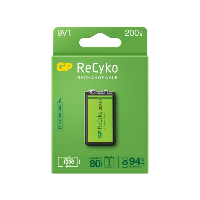 Baterii reincarcabile GP ReCyko 9V 200mAh,  ambalaj reciclabil 1pcs