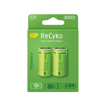 Baterii reincarcabile GP ReCyko C 3000mAh (R14), 1.2V, ambalaj reciclabil 2pcs