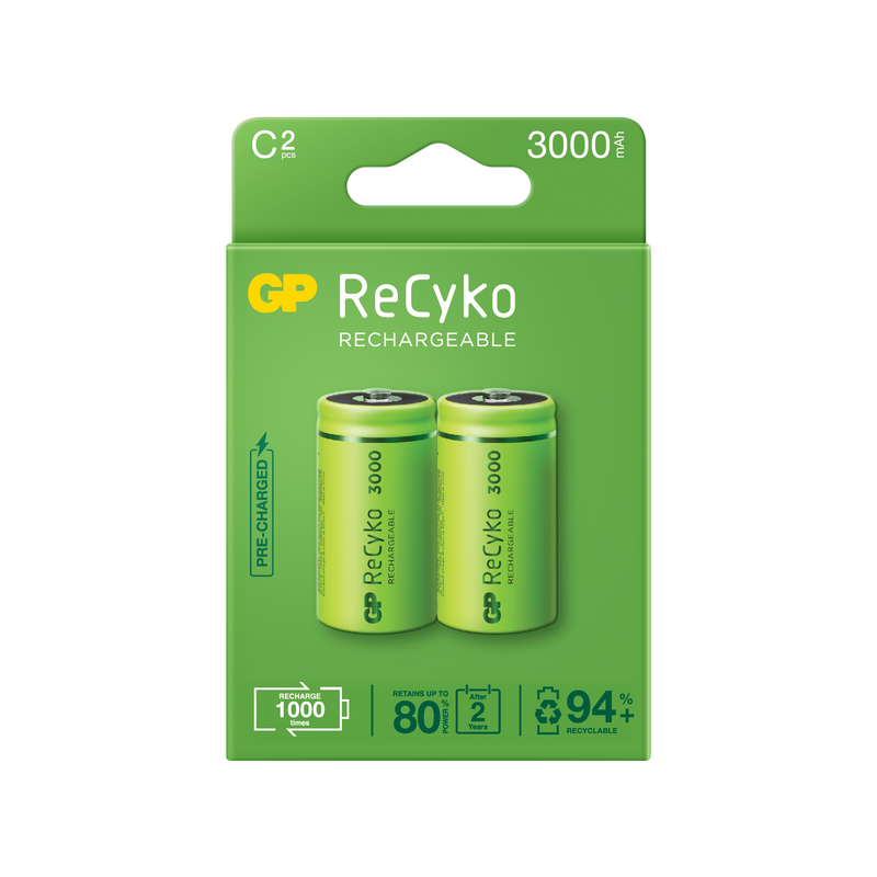 Baterii reincarcabile GP ReCyko C 3000mAh (R14), 1.2V, ambalaj reciclabil 2pcs