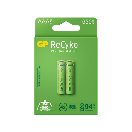 Baterii reincarcabile GP ReCyko AAA 650mAh (R03), ambalaj reciclabil 2pcs