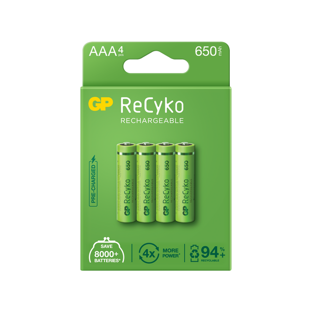 Baterii reincarcabile GP ReCyko AAA 650mAh (R03), ambalaj reciclabil 4pcs