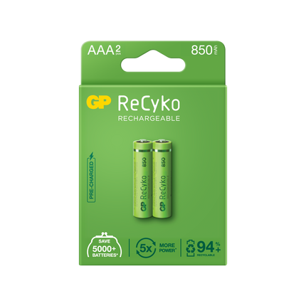 Baterii reincarcabile GP ReCyko AAA 850mAh (R03), ambalaj reciclabil 2pcs