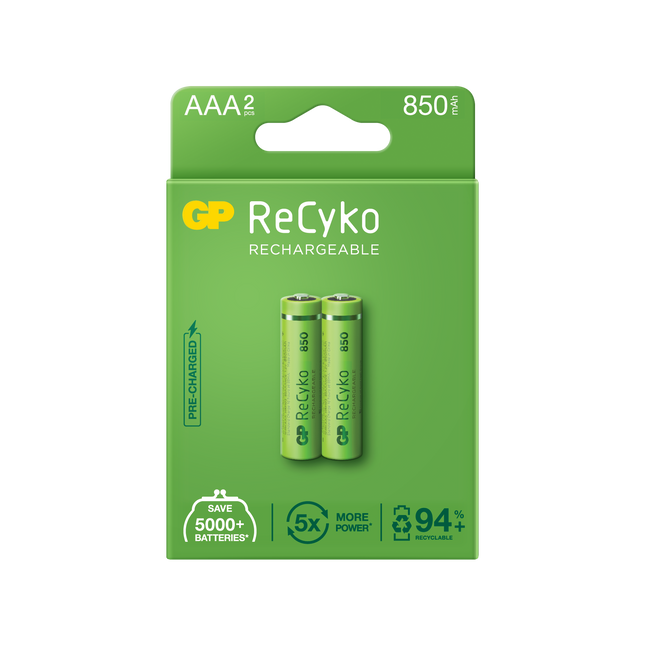 Baterii reincarcabile GP ReCyko AAA 850mAh (R03), ambalaj reciclabil 2pcs