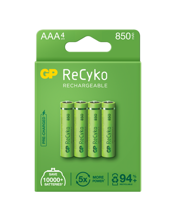 Baterii reincarcabile GP ReCyko AAA 850mAh (R03), ambalaj reciclabil 4pcs