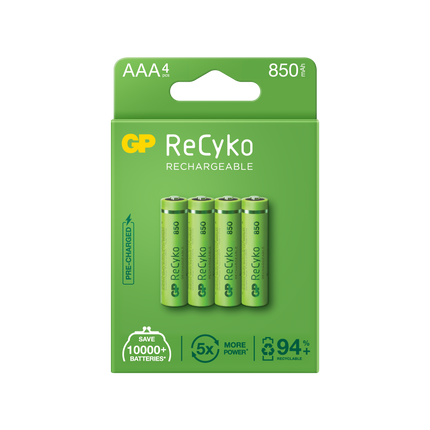 Baterii reincarcabile GP ReCyko AAA 850mAh (R03), ambalaj reciclabil 4pcs