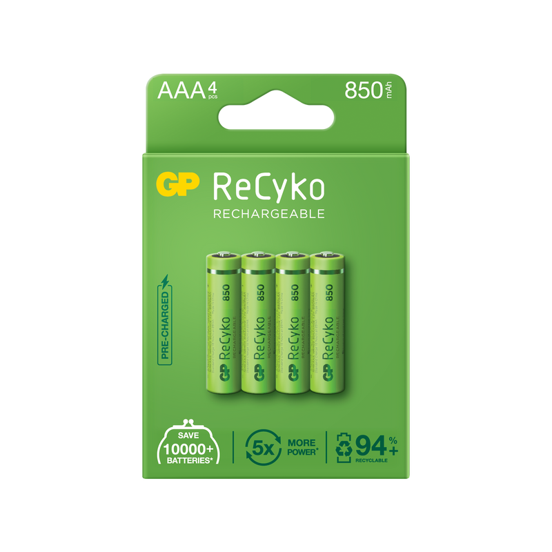 Baterii reincarcabile GP ReCyko AAA 850mAh (R03), ambalaj reciclabil 4pcs