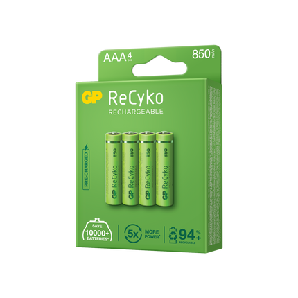 Baterii reincarcabile GP ReCyko AAA 850mAh (R03), ambalaj reciclabil 4pcs