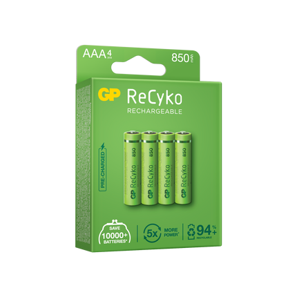 Baterii reincarcabile GP ReCyko AAA 850mAh (R03), ambalaj reciclabil 4pcs